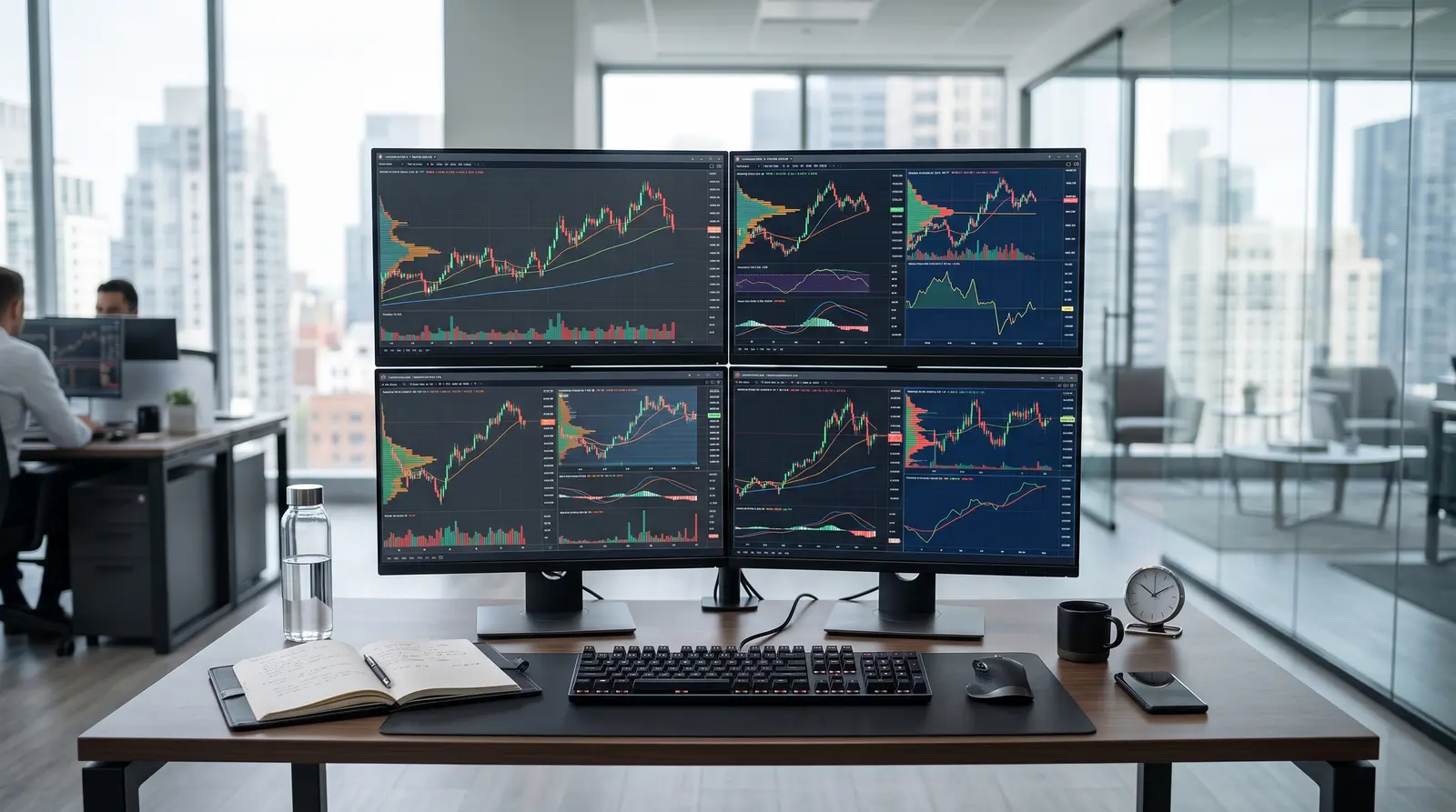 Modern trading workstation with professional futures charts for evaluating FundedNext futures account types effectively.