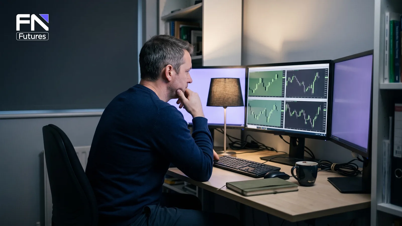 Futures trader comparing FundedNext Futures account types on his monitors in a home trading office