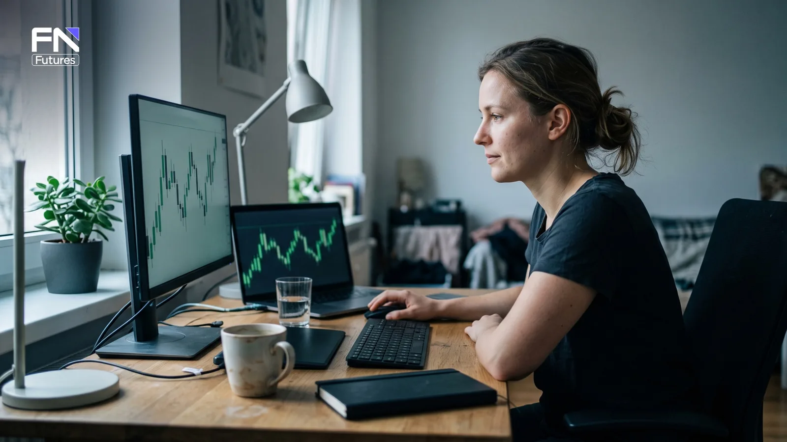 Trader preparing to place her first trade on a FundedNext Futures Direct $50K account before the US market open