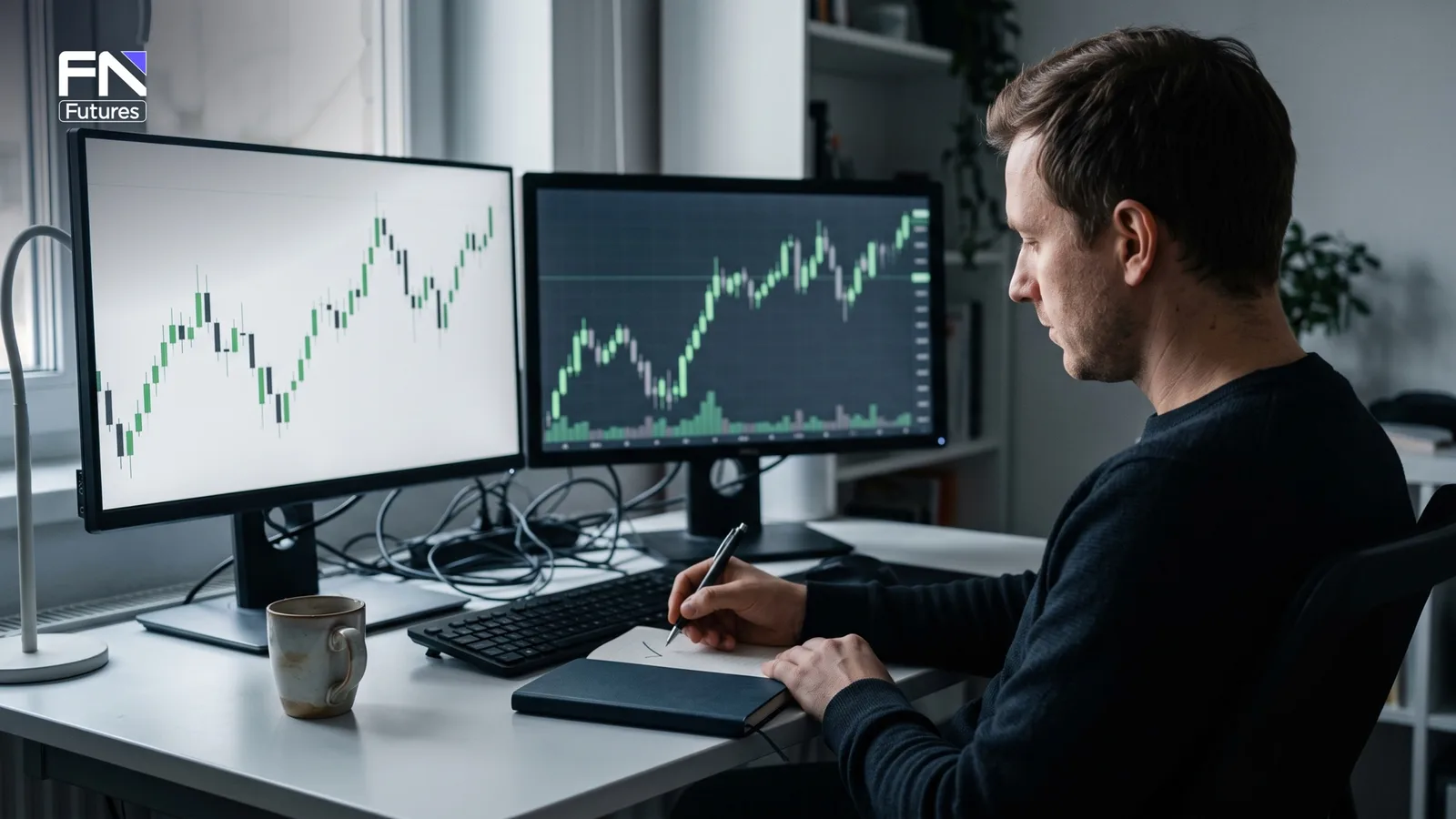 Futures trader logging a FundedNext Futures Flex benchmark day in his notebook after the market close