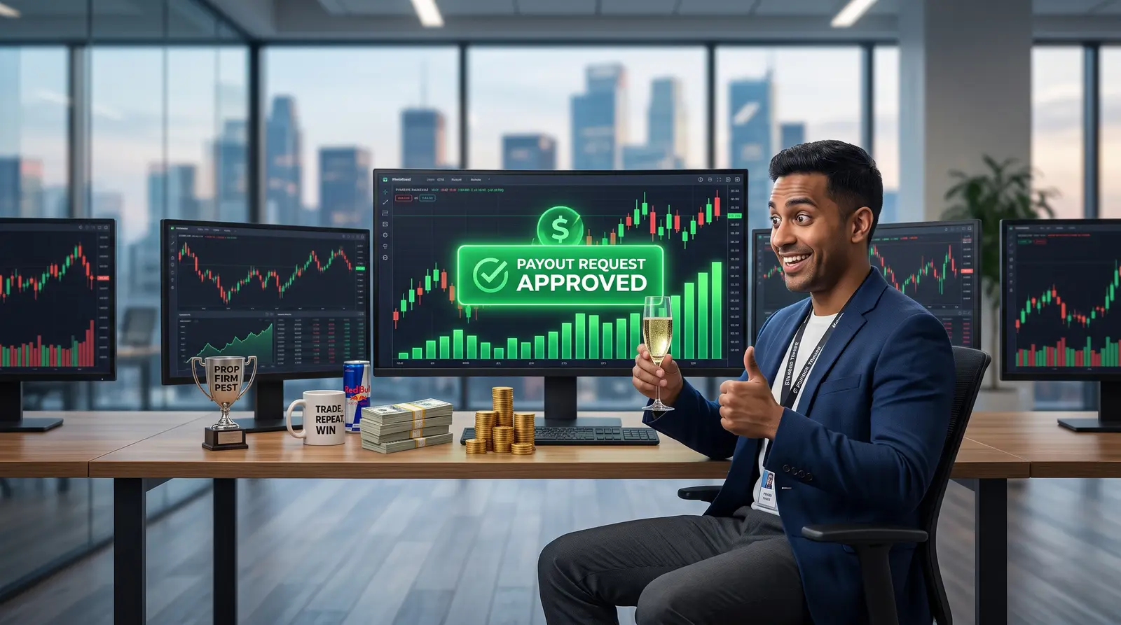 A successful payout request notification displayed on a digital trading platform screen in an office.