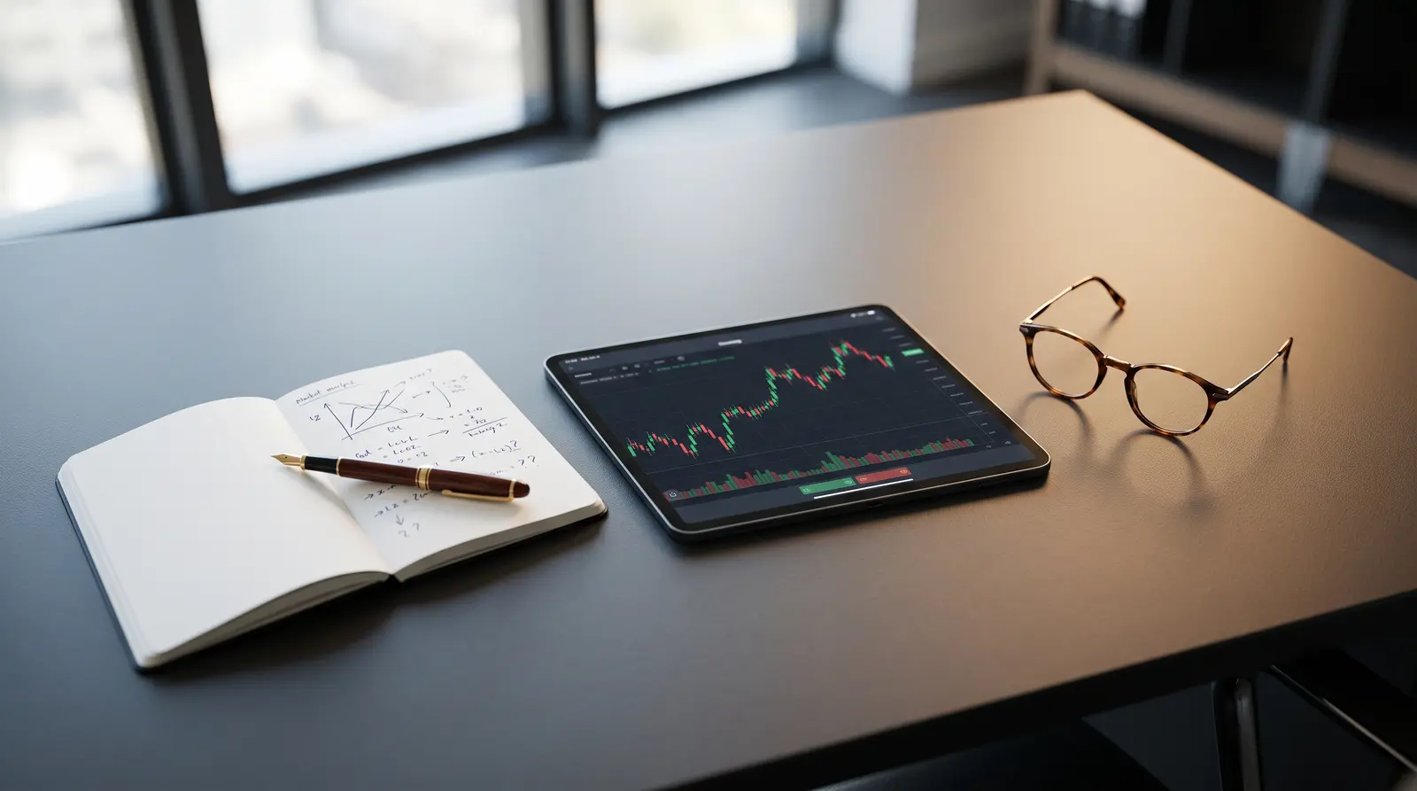 Minimalist desk space with a tablet displaying trading data and a notebook for strategic planning.