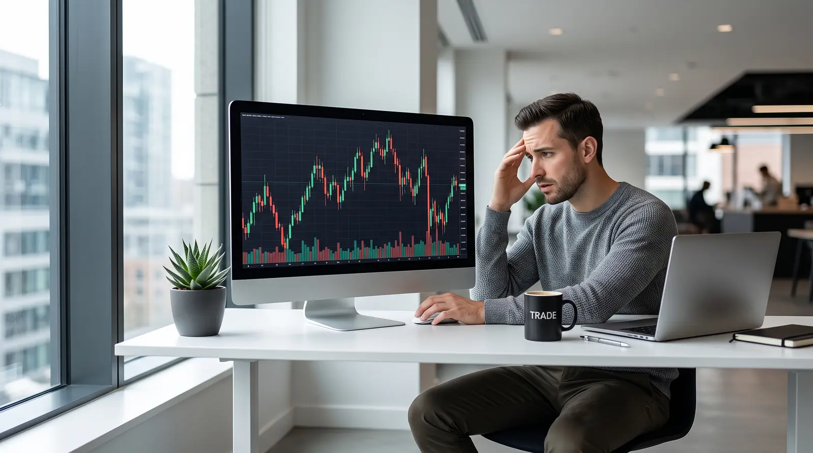 A professional trading setup with advanced futures charts displayed on a modern office computer screen.