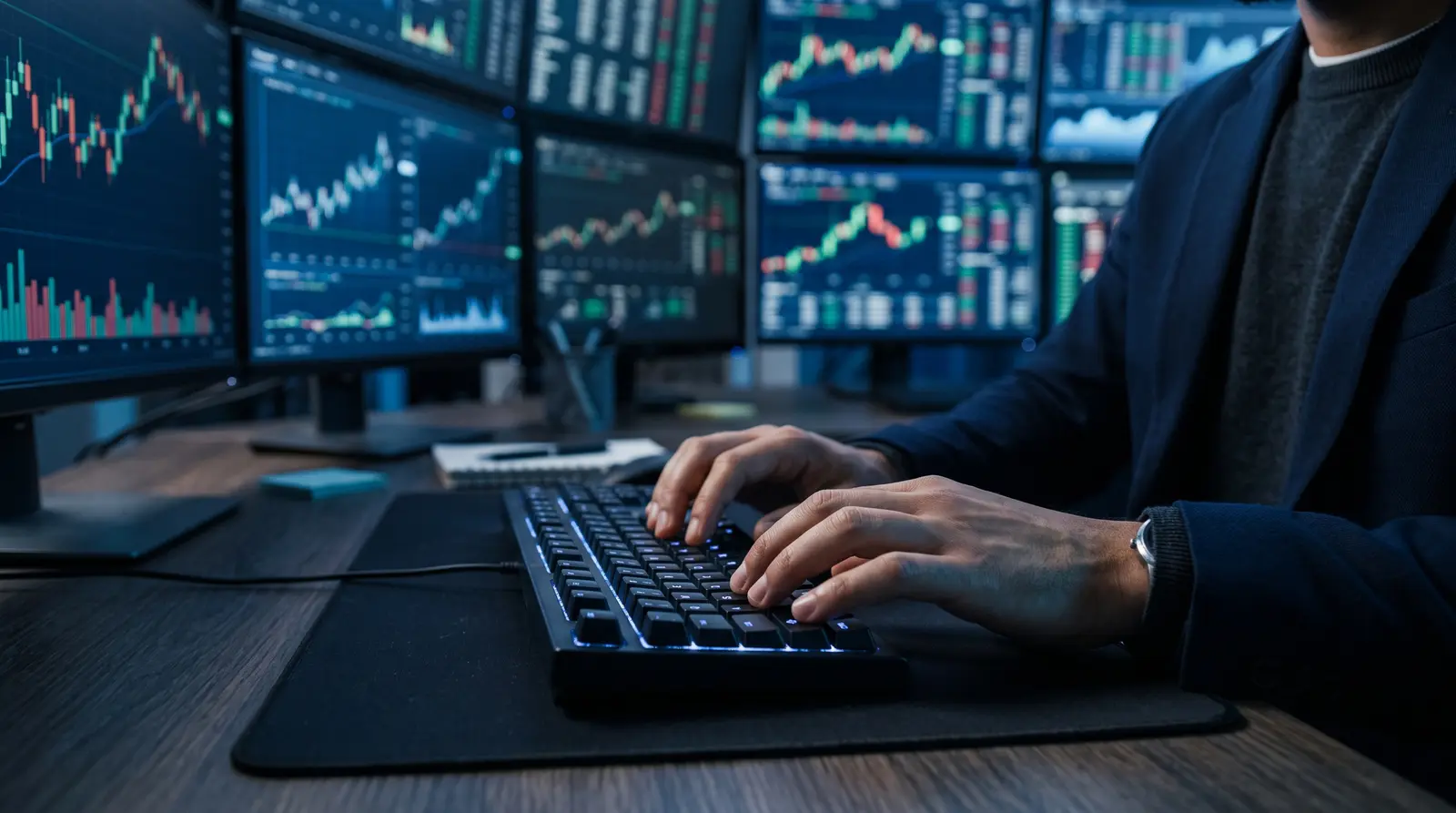 Trader working at a keyboard with blurred, illuminated financial ticker screens in the background.