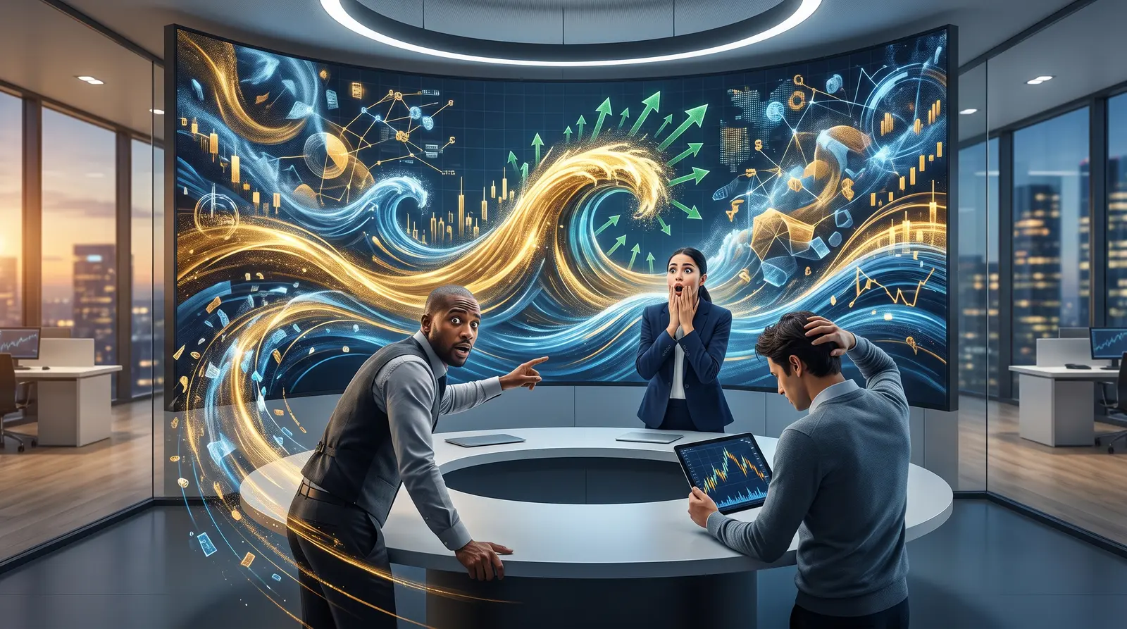 Abstract digital market waves depicting the freedom of high-impact news trading on FundedNext.