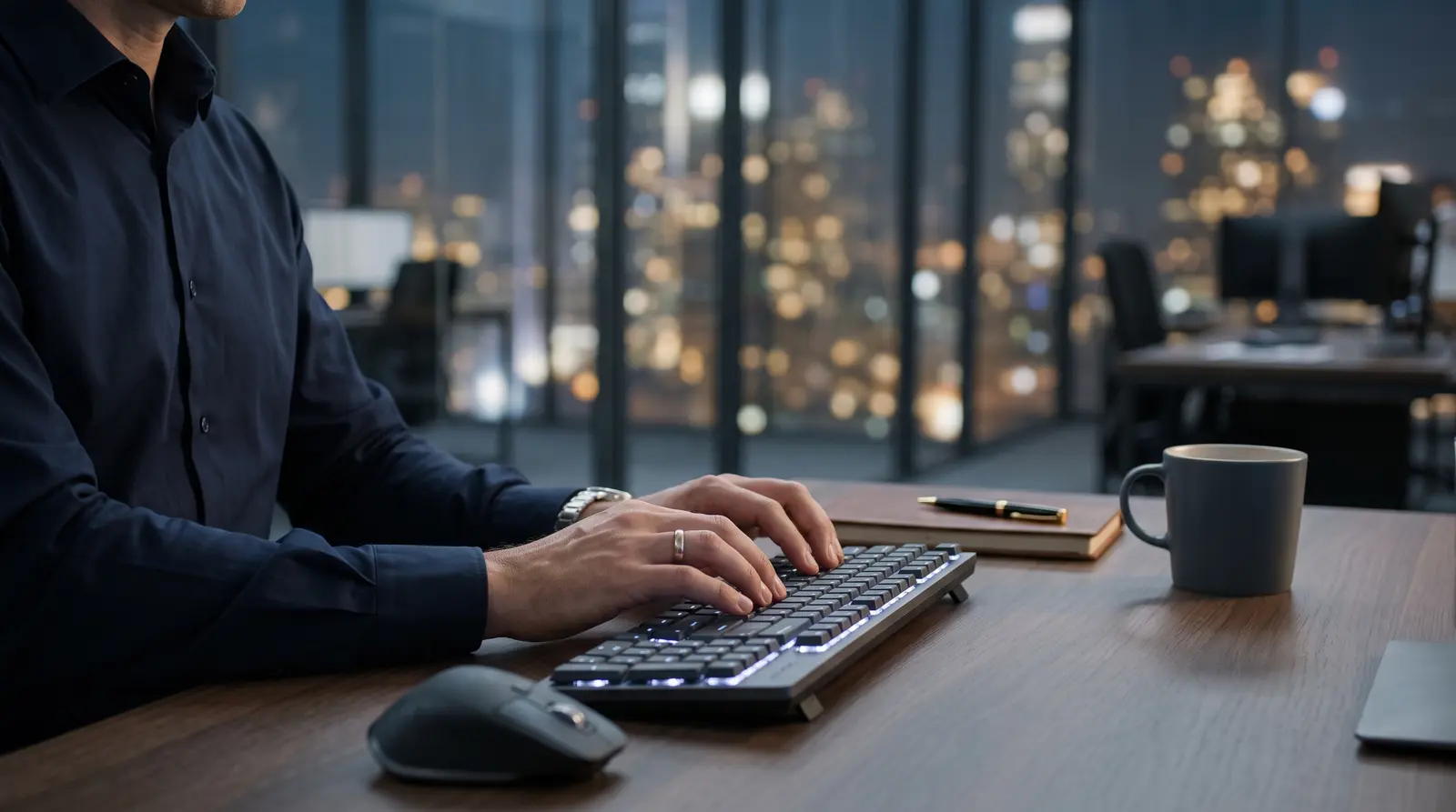 Focused trader hands on a keyboard representing careful risk management for drawdown calculations.