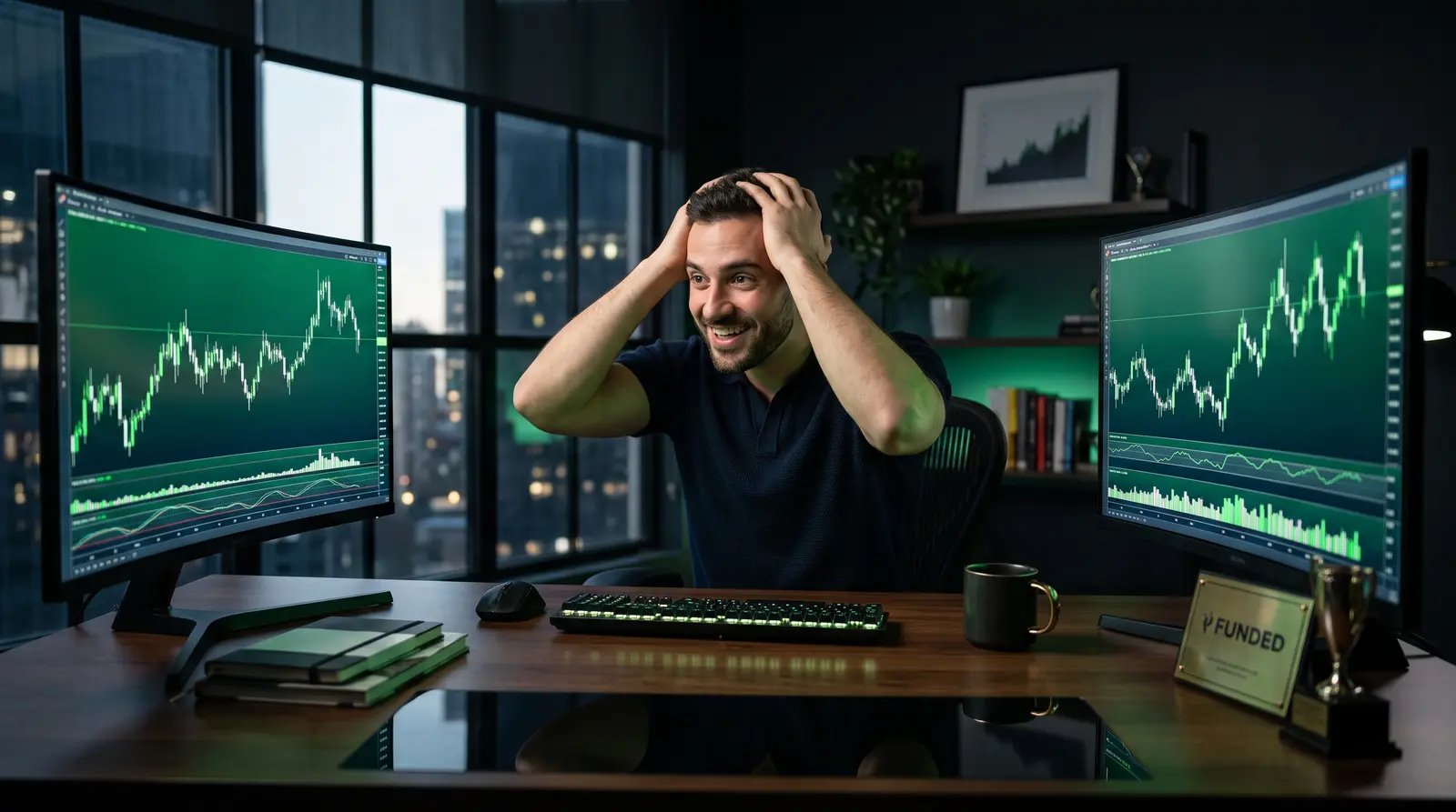 Modern trading desk with glowing green market charts for the FundedNext Stellar 1-Step program.