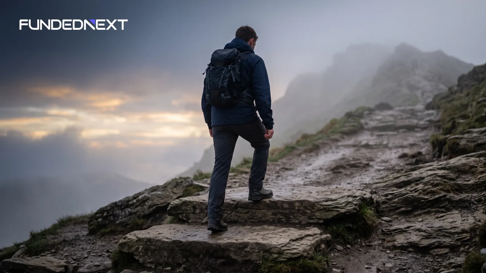 Hiker stepping onto the second of two stone ledges on a misty trail, a picture of the FundedNext Stellar 2-Step two-phase challenge