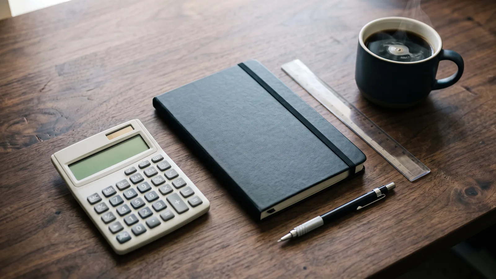 Calculator, notebook, pencil and coffee on a desk, used to work out the FundedNext Stellar 2-Step daily loss limit
