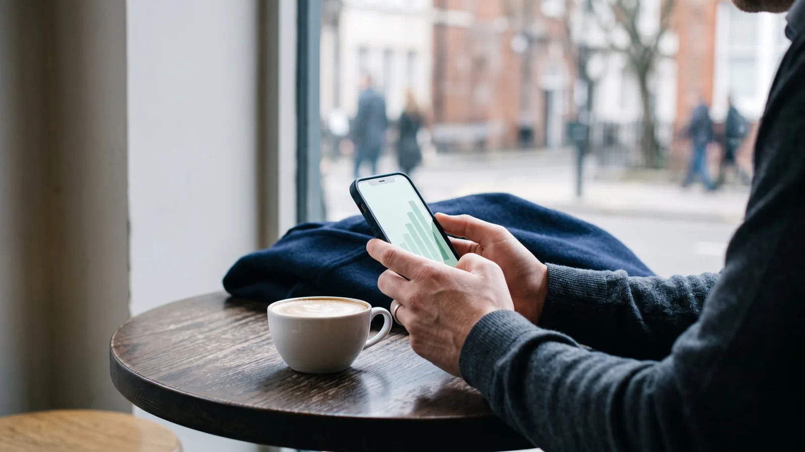 Trader checking a FundedNext Stellar 2-Step performance reward on a smartphone at a cafe table