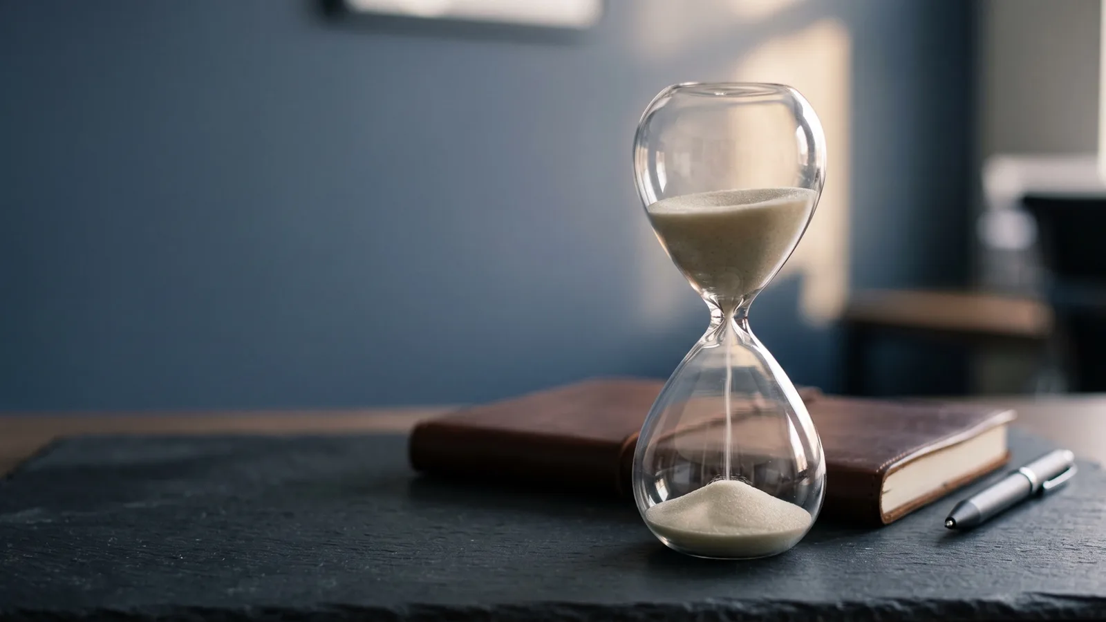 Hourglass on a desk beside a notebook, a picture of the FundedNext Stellar Lite 10-business-day payout cycle