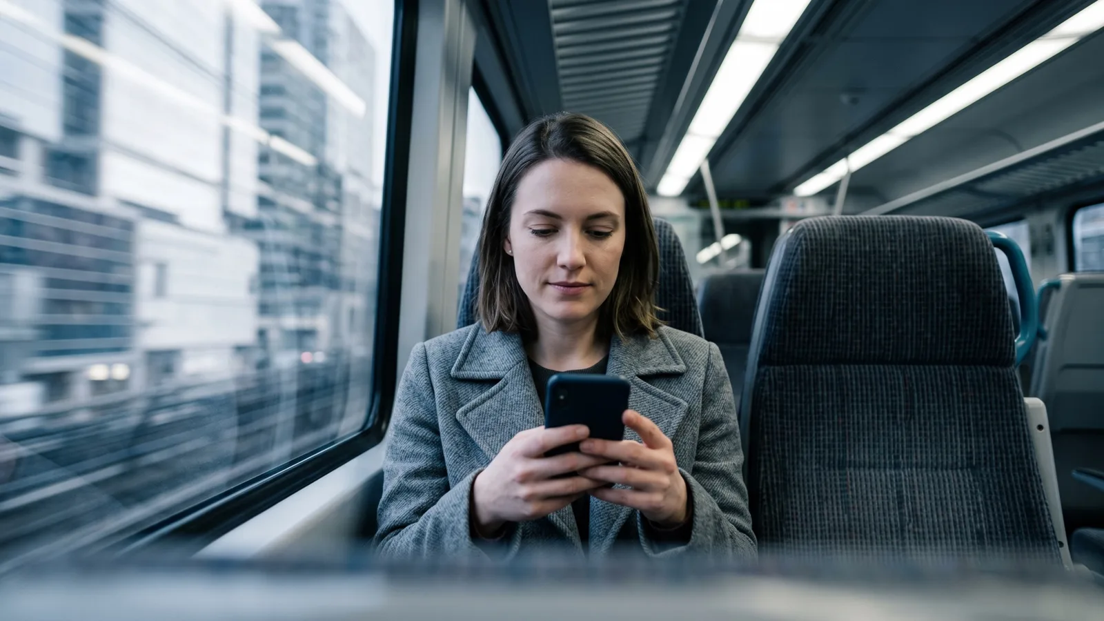 Trader reading account rules on her phone on a morning commuter train