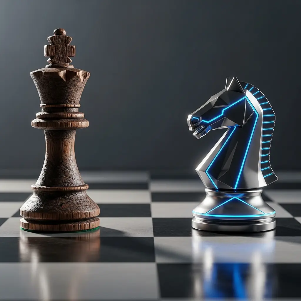 Chess pieces representing FundedNext and FTMO clashing, symbolizing strategic competition.