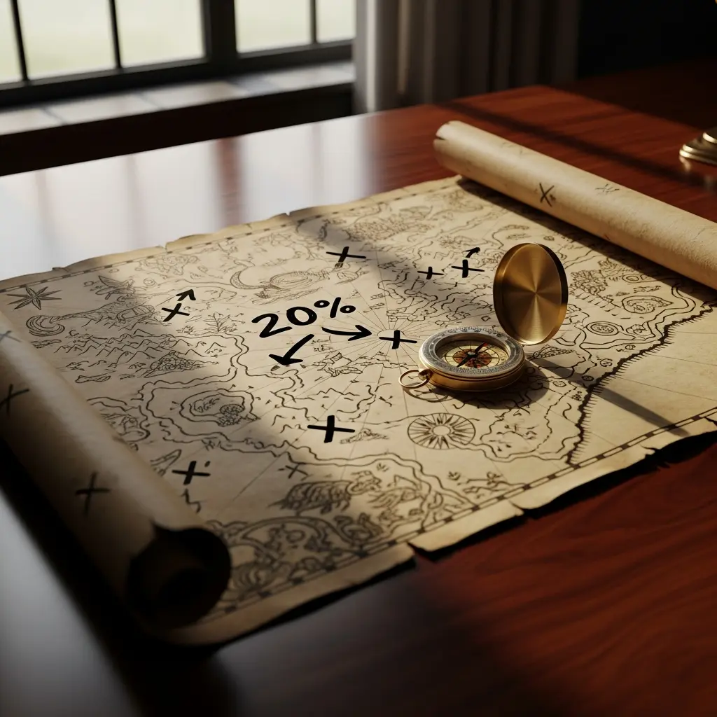 A treasure map with 'FundingPips discount code' pointing to a 20% discount