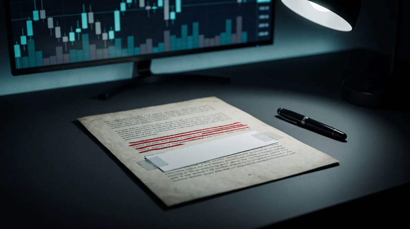 A printed prop firm rulebook page on a dark desk with one paragraph struck through in red ink and a replacement strip taped over it, a trading chart glowing on a monitor behind
