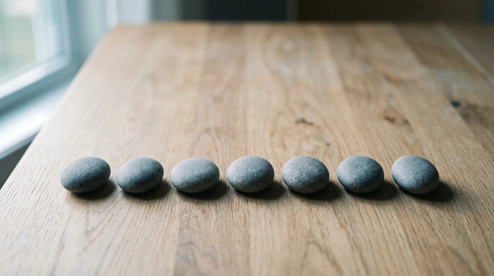 Seven similar smooth stones in an even row on a wooden table, illustrating the FundingPips consistency rule