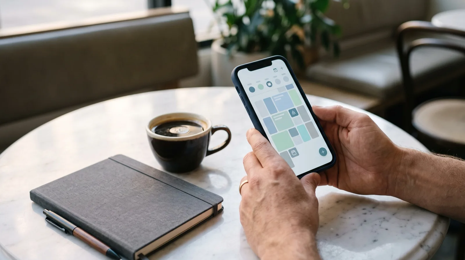 Hands holding a phone with an abstract calendar layout next to a coffee cup, illustrating the FundingPips news trading window