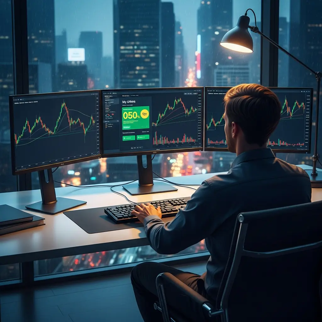 A trader looking at multiple screens in a modern city office, representing prop trading opportunities.