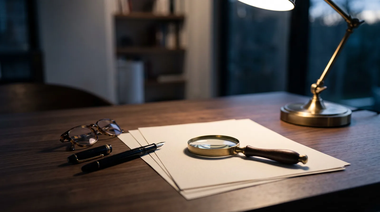 Magnifying glass, fountain pen and reading glasses on blank paper under a desk lamp, illustrating the buffers, caps and fees behind daily payouts
