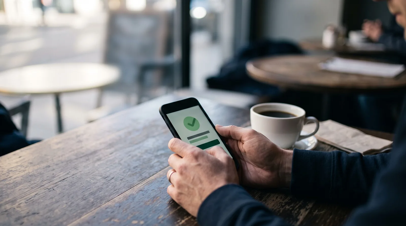 Hands holding a smartphone over a cafe table with a coffee cup, illustrating a funded futures trader requesting a daily payout