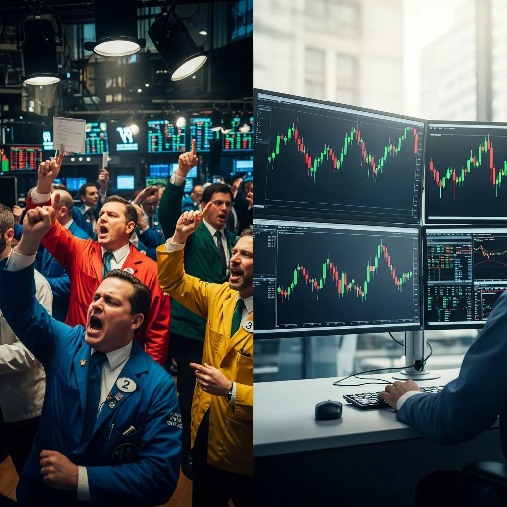 Contrast between traditional pit trading and a modern electronic trading screen