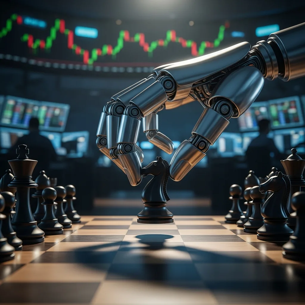 An algorithmic trading robot playing chess, symbolizing automated strategy and specialized trading tools.