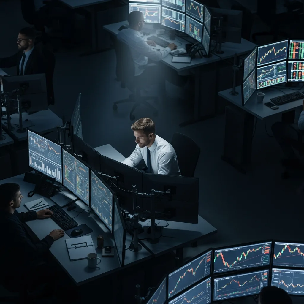 A focused trader intently studying charts and data on a multi-monitor setup, highlighting the deep concentration and strategic thinking required for long-term success in futures trading prop firms.