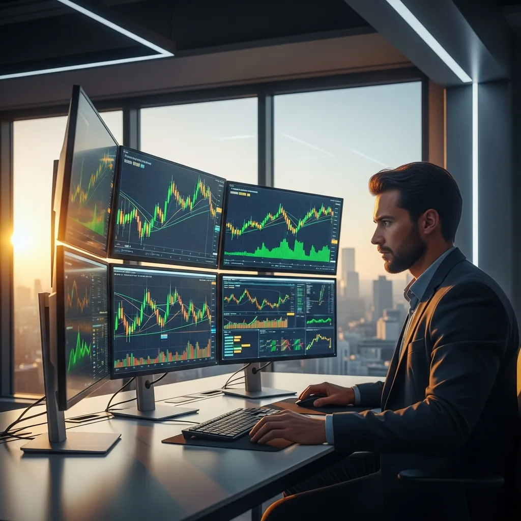 Determined futuristic trader against a dawn cityscape, engaged in futures trading.