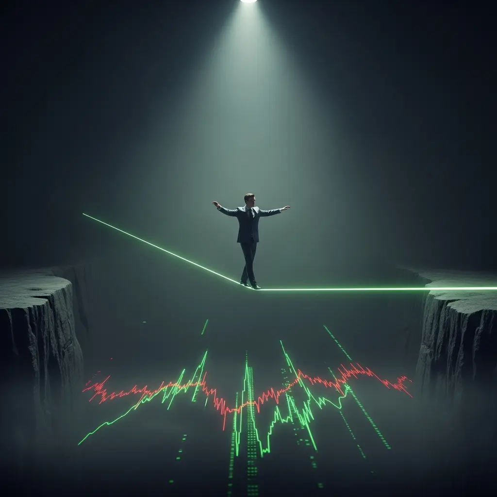 A visual metaphor of a precarious balance, with elements representing drawdown rules and the dilemma faced by traders at GFT.