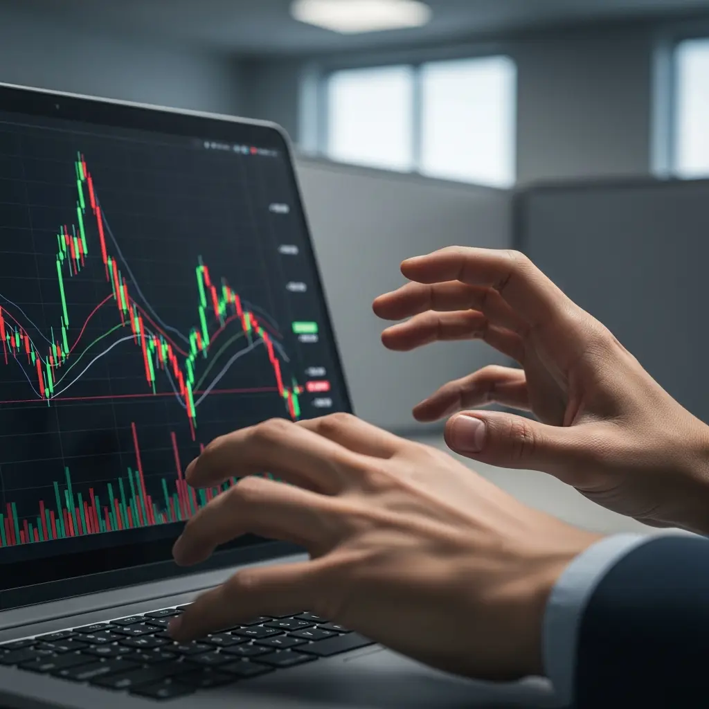 Nervous hands hover over a laptop showing a volatile stock chart, illustrating uncertain funded trader earnings.