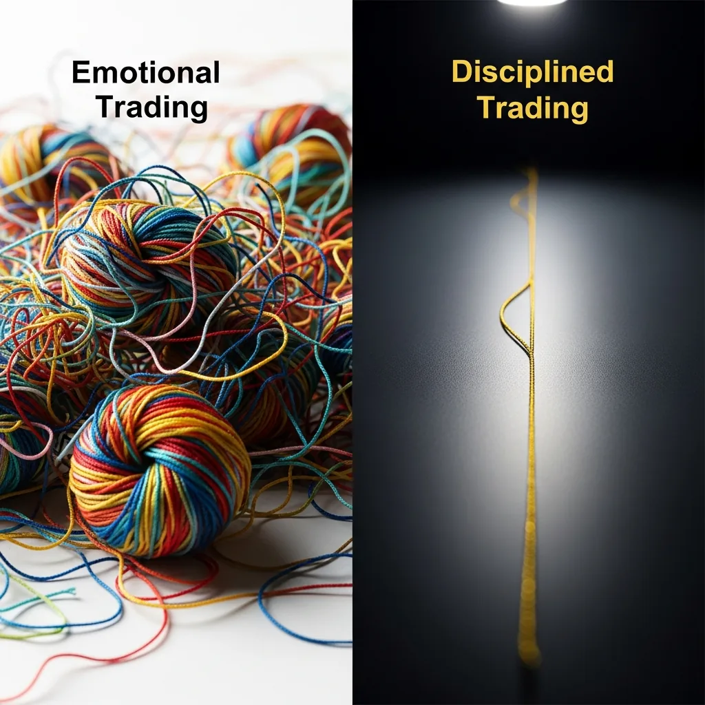 Split scene contrasting a calm, disciplined trader with a stressed trader surrounded by chaotic charts
