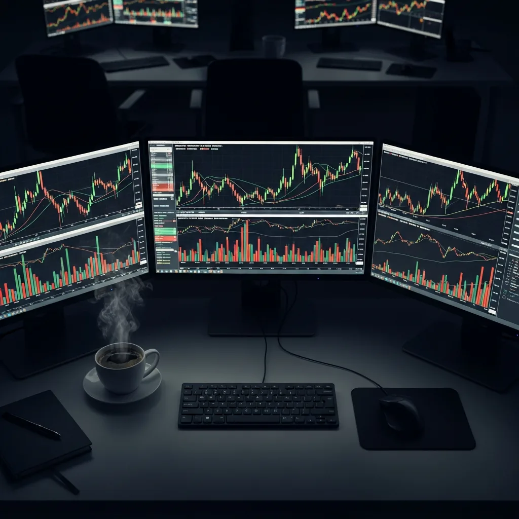 Trader's desk with multiple monitors showing financial charts during a prop firm evaluation session