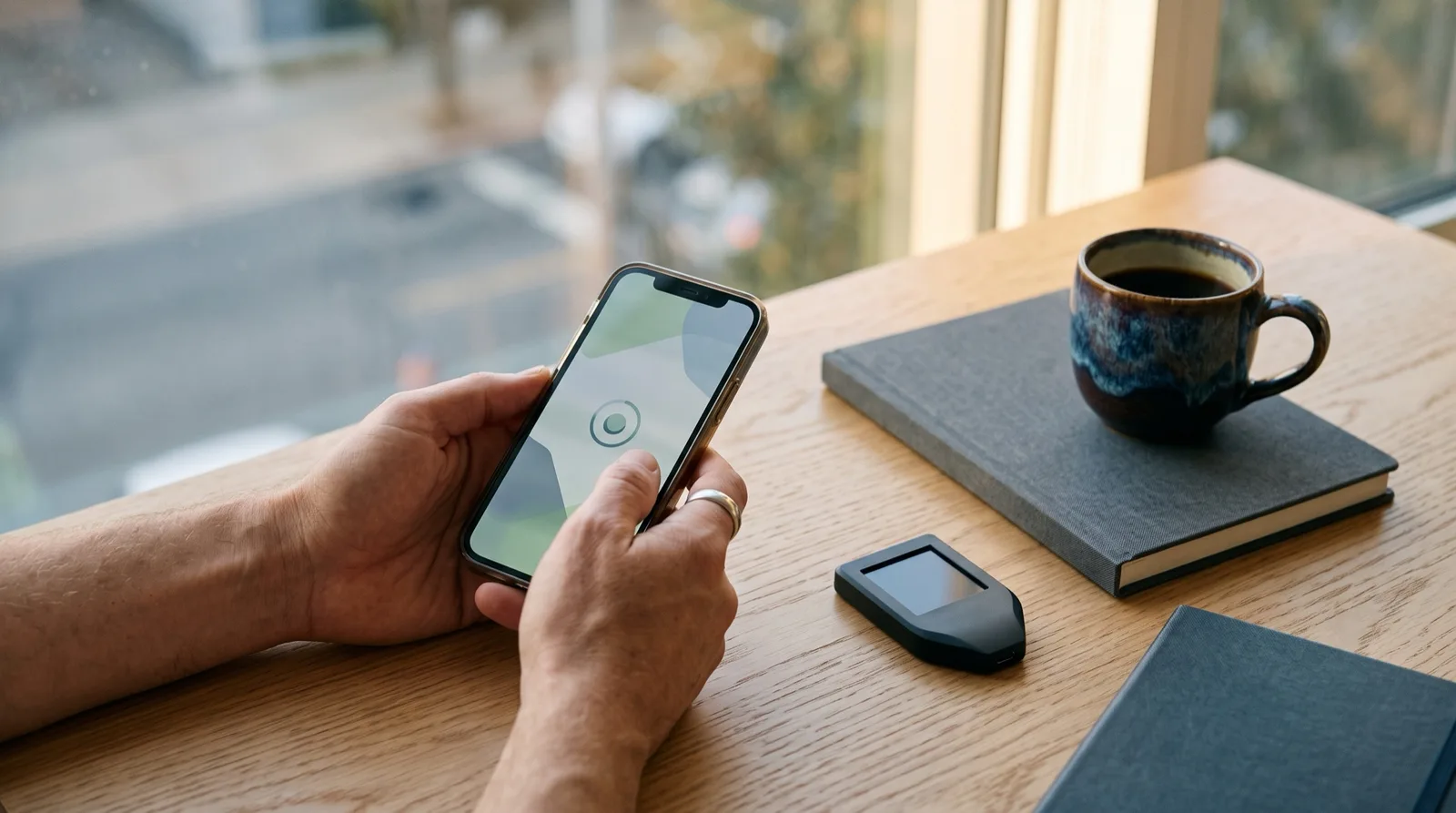 Hands holding a phone beside a hardware wallet and notebook, illustrating Hypernova's wallet-based sign-up and USDC fees