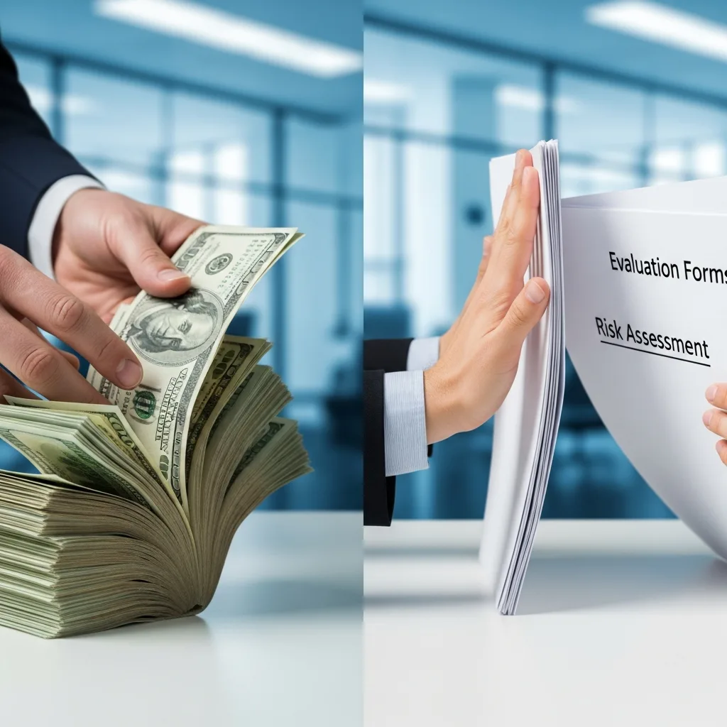 Illustration showing a shortcut sign with money next to a stack of forms, representing the financial trade-off of instant funding.