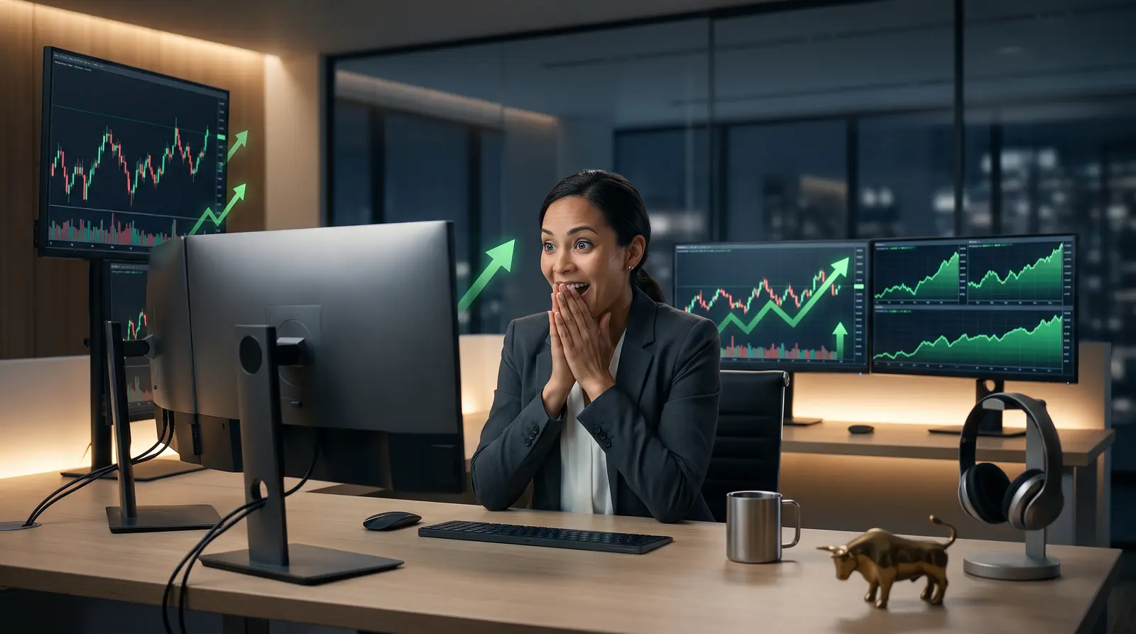 Multiple professional trading monitors showing analytical data for various lucid trading account types available.