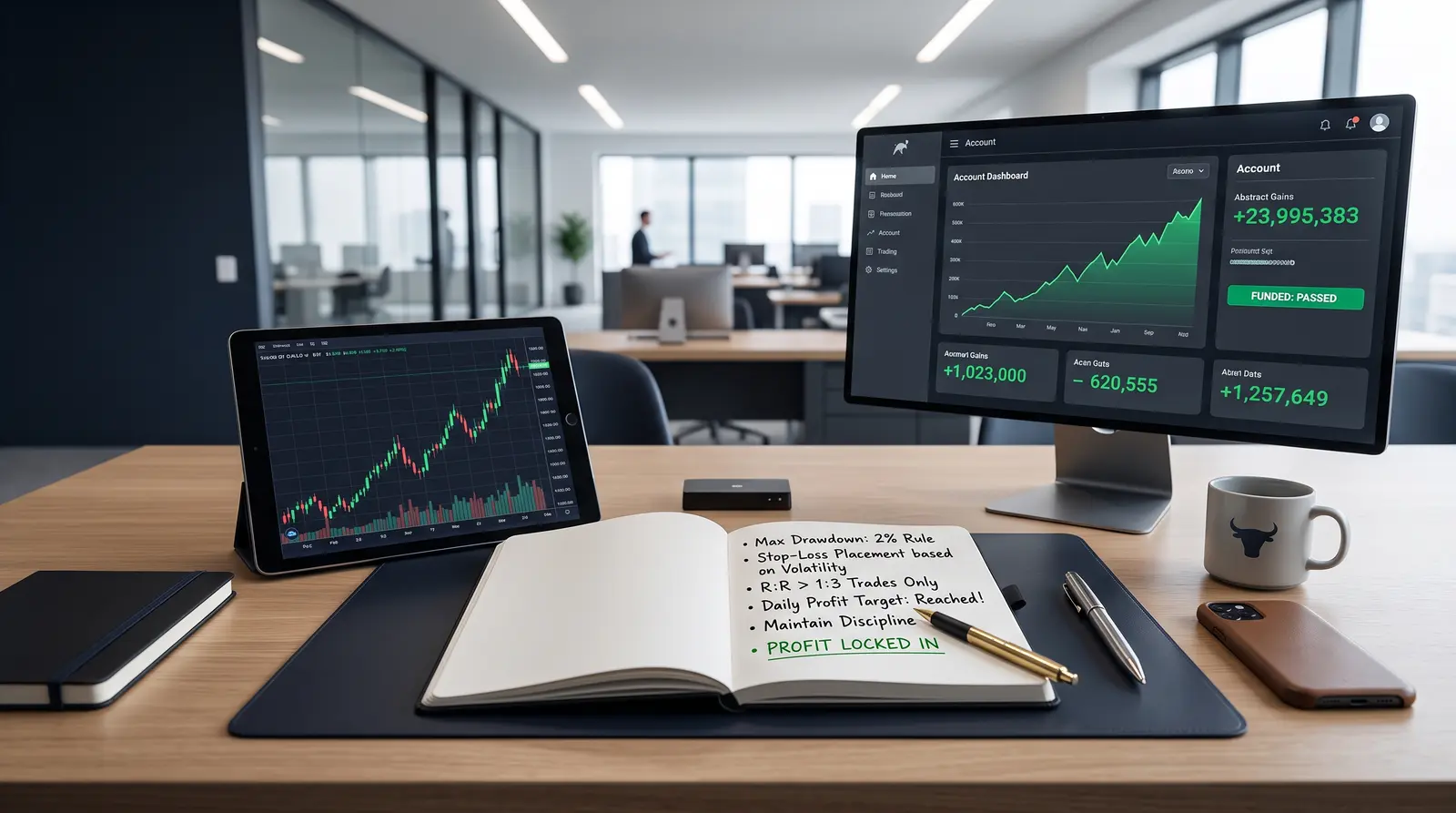 Professional workspace showcasing the journey toward reaching real capital through compliant payout rules.