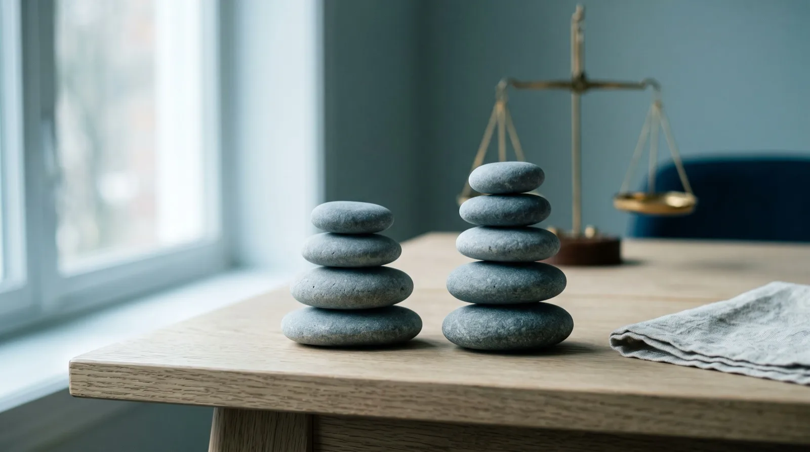 Two stacks of smooth stones of different heights on a wooden table, picturing Lucid's choice between the 40% and 50% consistency options
