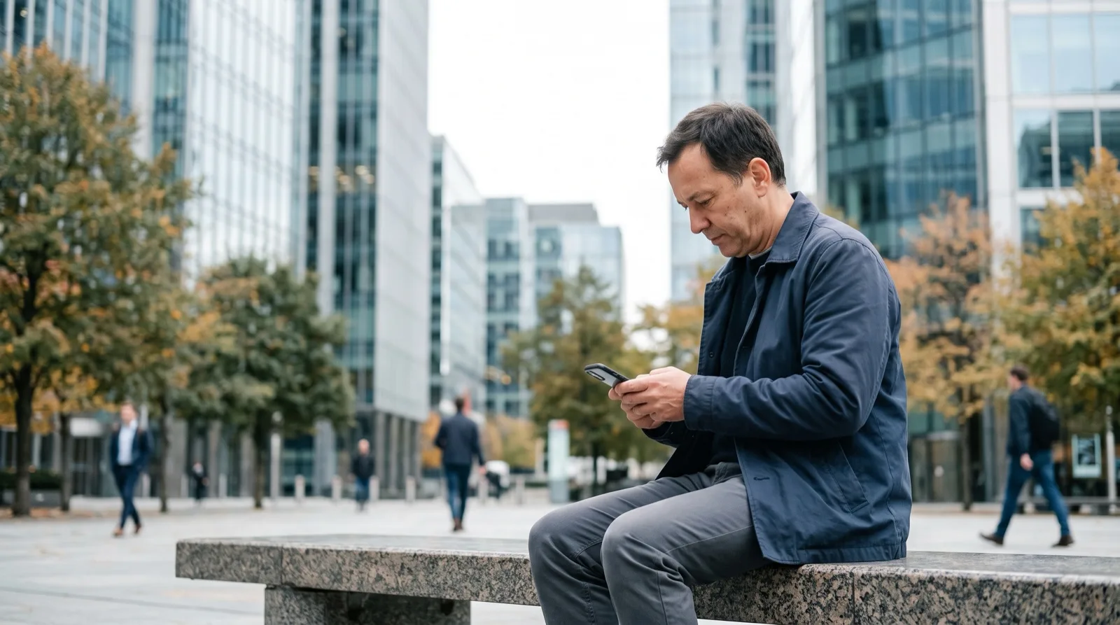 Person checking a phone on a bench in a financial district at lunchtime, the mid-session moment Lucid on-demand payouts are built for