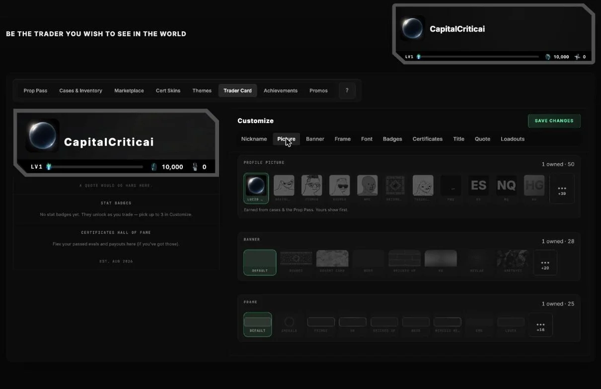 Lucid Trading Trader Card customize panel showing nickname, profile picture, banner and frame options