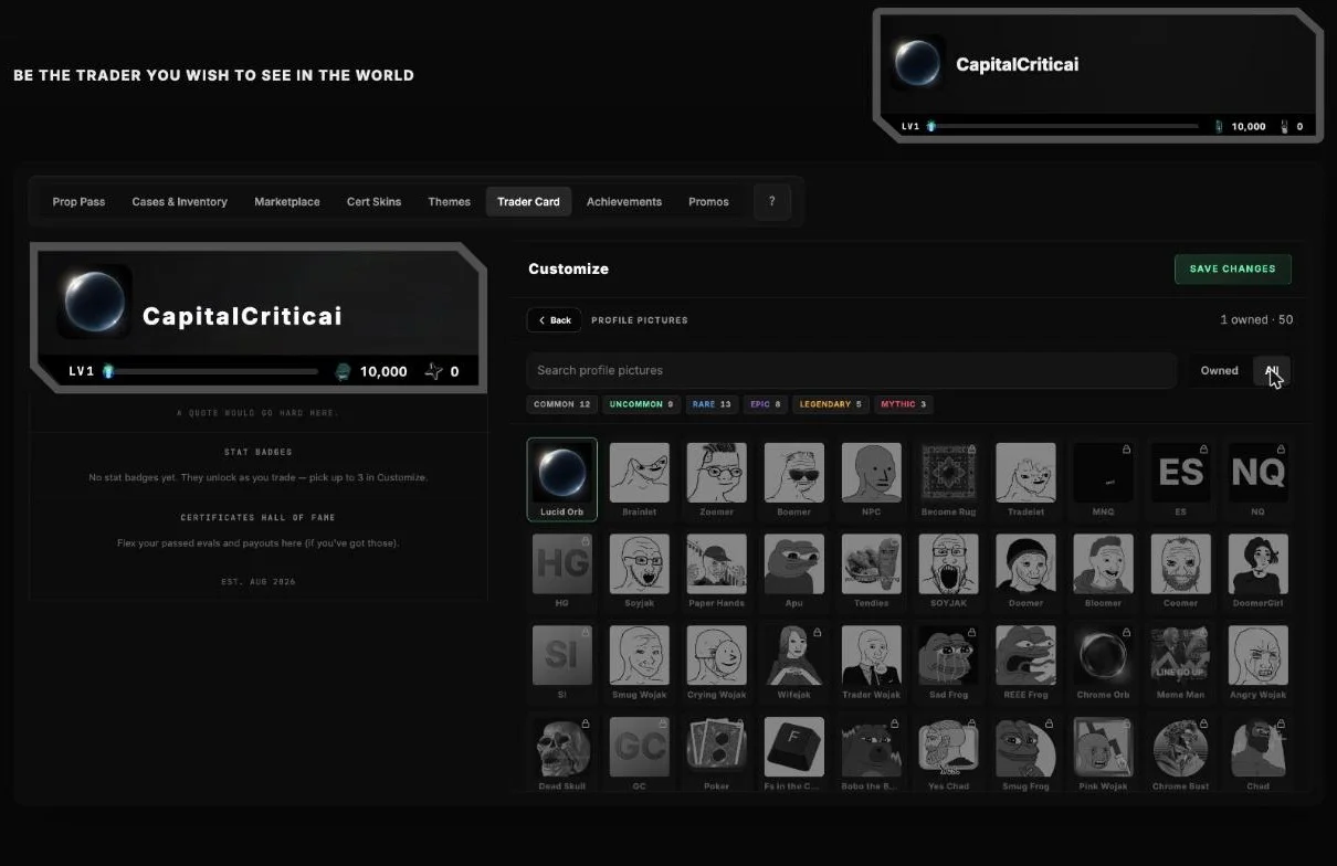 All 50 Lucid Trading Prop Pass profile pictures with rarity filters from Common to Mythic