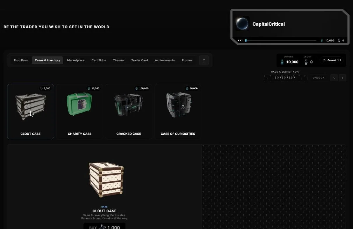 Lucid Trading Prop Pass Cases tab showing Clout Case, Charity Case, Cracked Case and Case of Curiosities