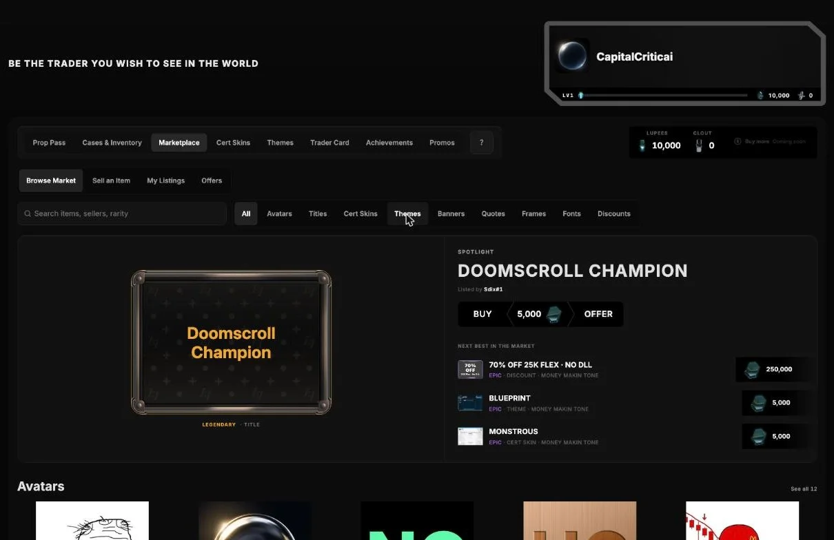 Lucid Trading Prop Pass Marketplace with the Doomscroll Champion title in the spotlight for 5,000 Lupees