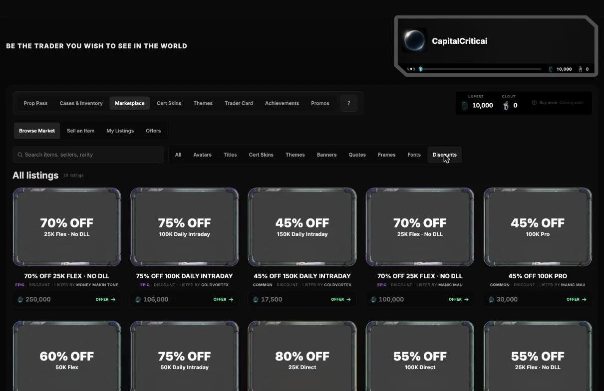Lucid Trading Marketplace discount listings from 45% to 80% off, priced in Lupees