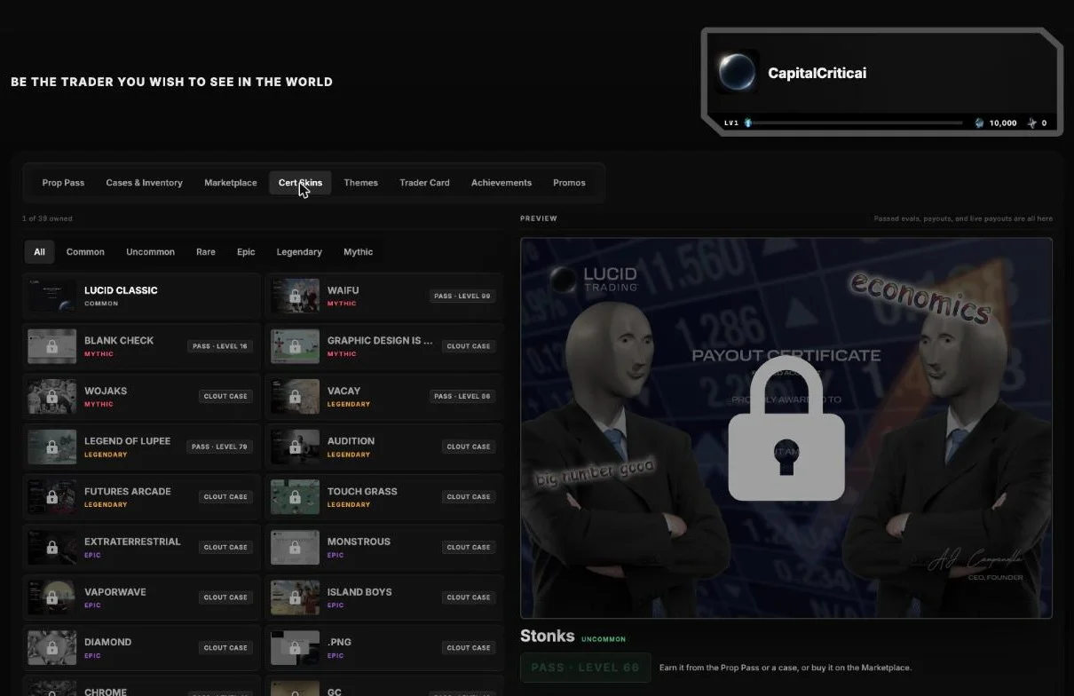 Lucid Trading Prop Pass cert skins list with a Stonks payout certificate preview
