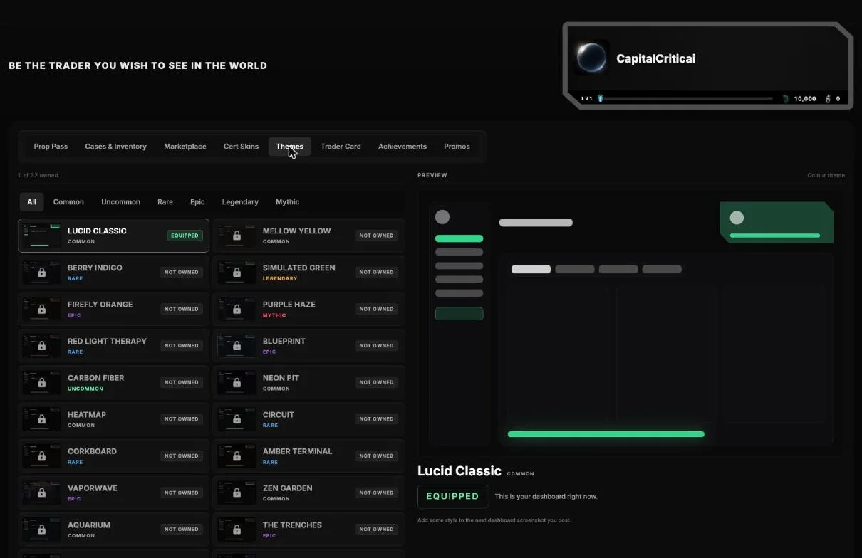 Lucid Trading dashboard themes, 32 options from Common to Mythic