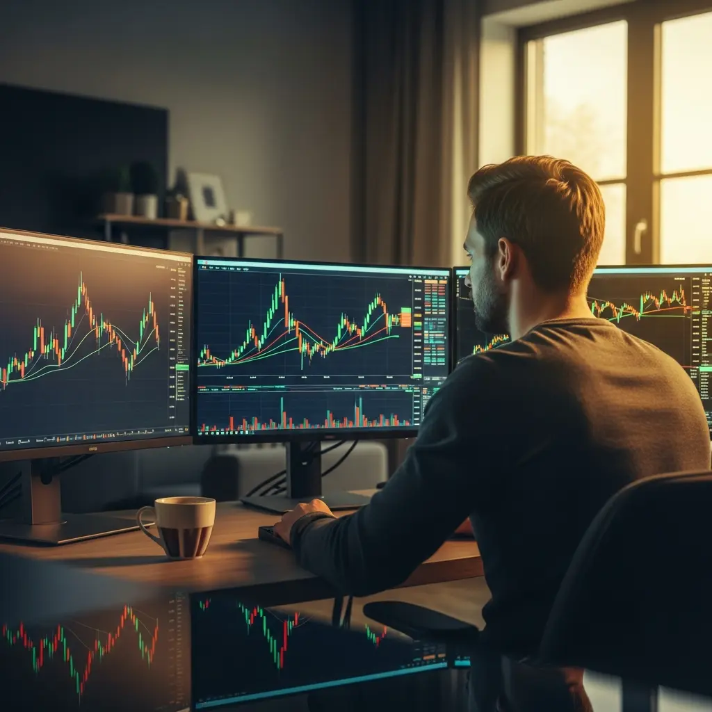 A modern trader analyzing financial charts at dawn