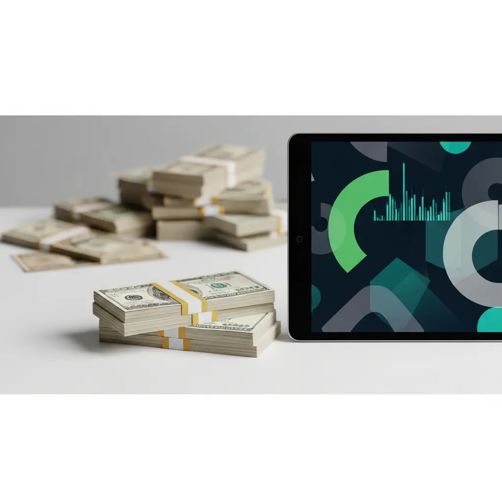 A hand reaching for cash near a tablet, representing cost and value in a prop firm comparison.