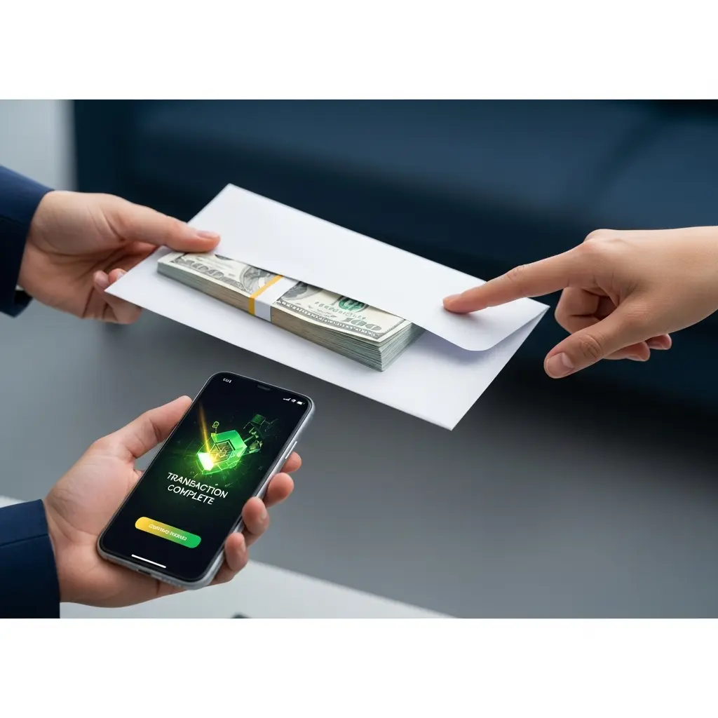 Hand holding a smartphone displaying a swift bank transfer, symbolizing fast profit payouts.