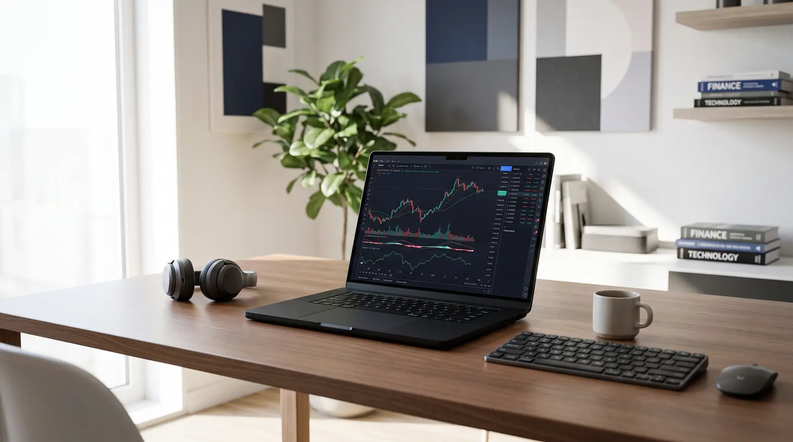 A modern desk with a laptop showing crypto charts for my funded perpetuals account types explained.