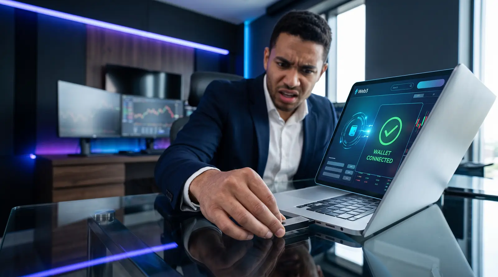 Close-up of a trader connecting a secure Web3 wallet for decentralized crypto prop firm trading.